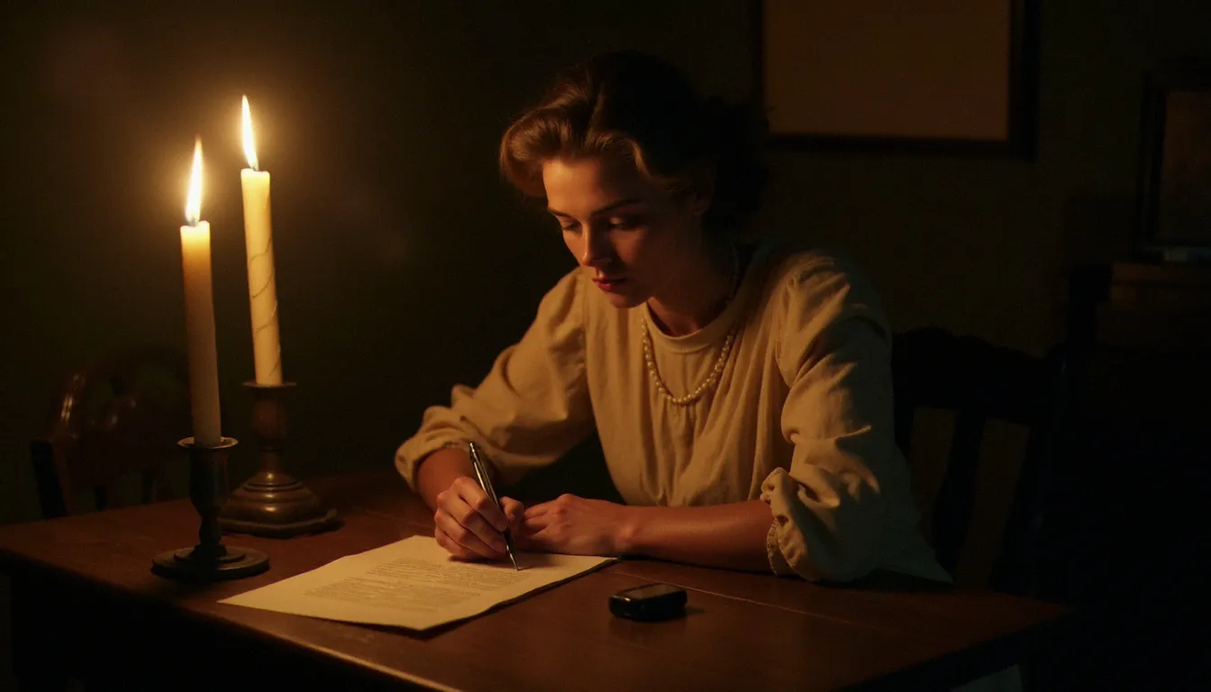 Femme seule écrivant dans la pénombre dans la France des années 1950, symbolisant le silence et les secrets portés par les femmes de la génération de Brigitte Auber