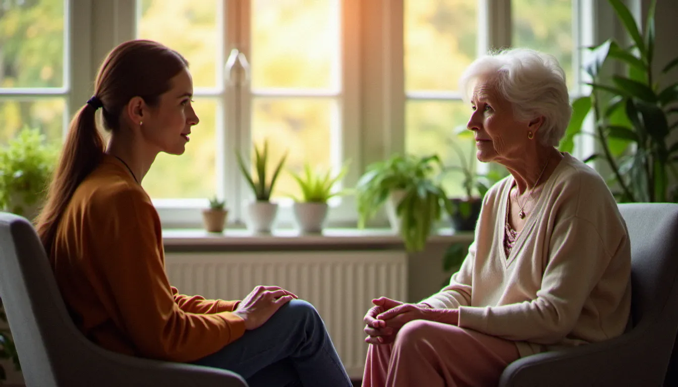 Séance de soutien psychologique entre deux femmes de générations différentes, illustrant la transmission du silence et la reconstruction après un vécu douloureux