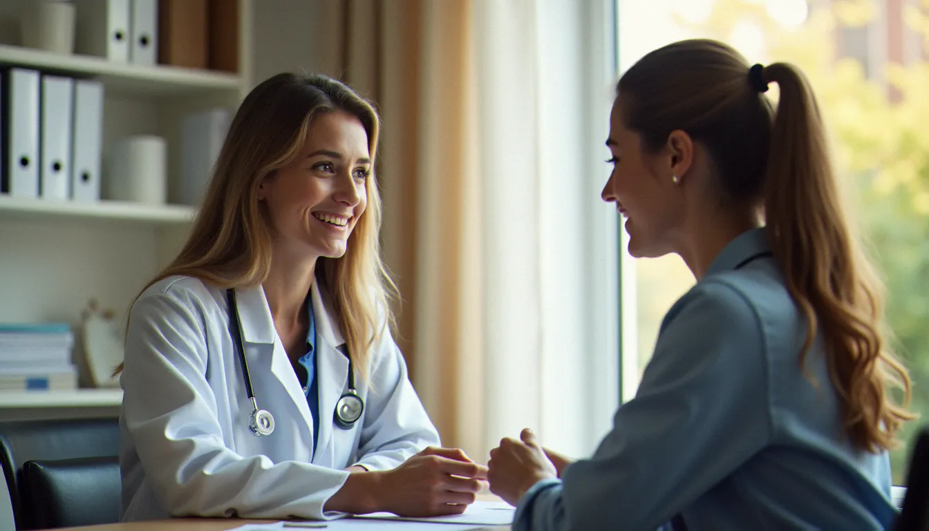 Médecin femme consultant une patiente dans un cadre médical bienveillant, illustrant l'accès aux soins après la dépénalisation de l'avortement