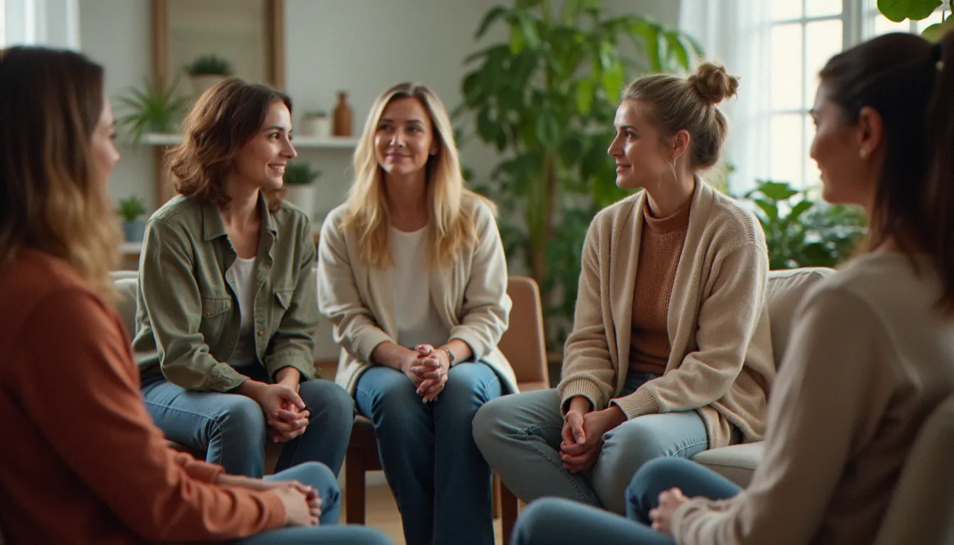 Groupe de femmes participant à un cercle de parole bienveillant, illustrant le soutien collectif après un avortement dans un contexte de reconstruction émotionnelle