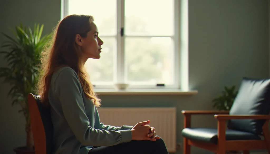 Femme assise en consultation, regardant par la fenêtre, dans un contexte évoquant la réflexion autour de la dépénalisation de l'avortement et du soutien psychologique