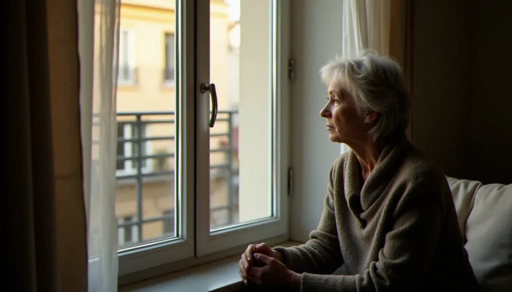 Une femme assise seule près d'une fenêtre, pensive, dans un appartement à Lyon, évoquant la réflexion autour de la légalisation de l'avortement et du vécu des femmes
