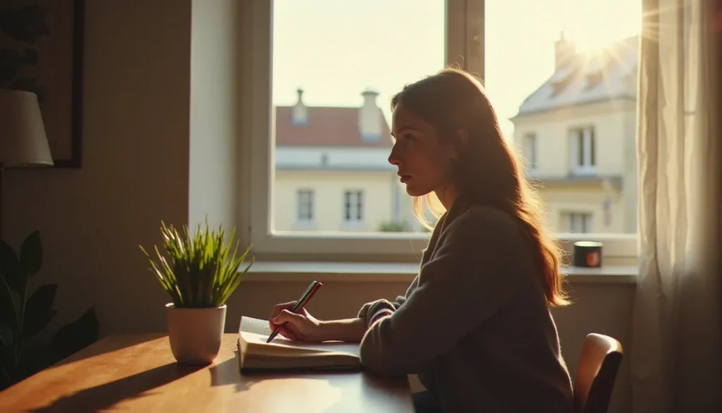 Femme française pensive assise près d'une fenêtre, évoquant la réflexion autour de la légalisation de l'avortement en France