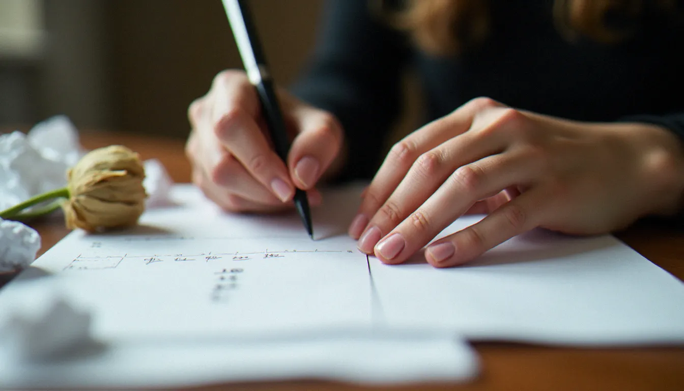 Gros plan sur les mains d'une femme écrivant sur du papier blanc, avec des feuilles froissées autour symbolisant le processus d'écriture d'une lettre ouverte difficile