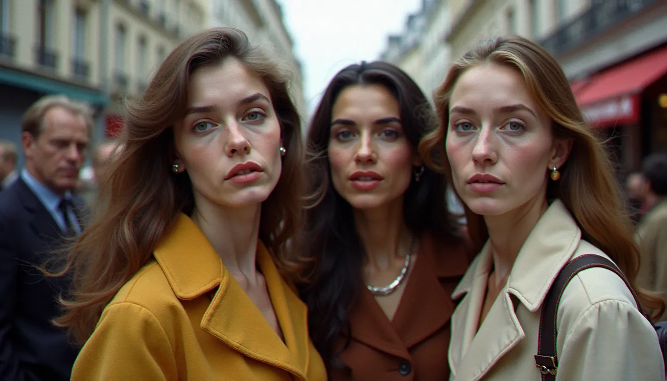 Groupe de femmes aux profils divers rassemblées dans une rue parisienne, evoquant les signataires du manifeste des 343
