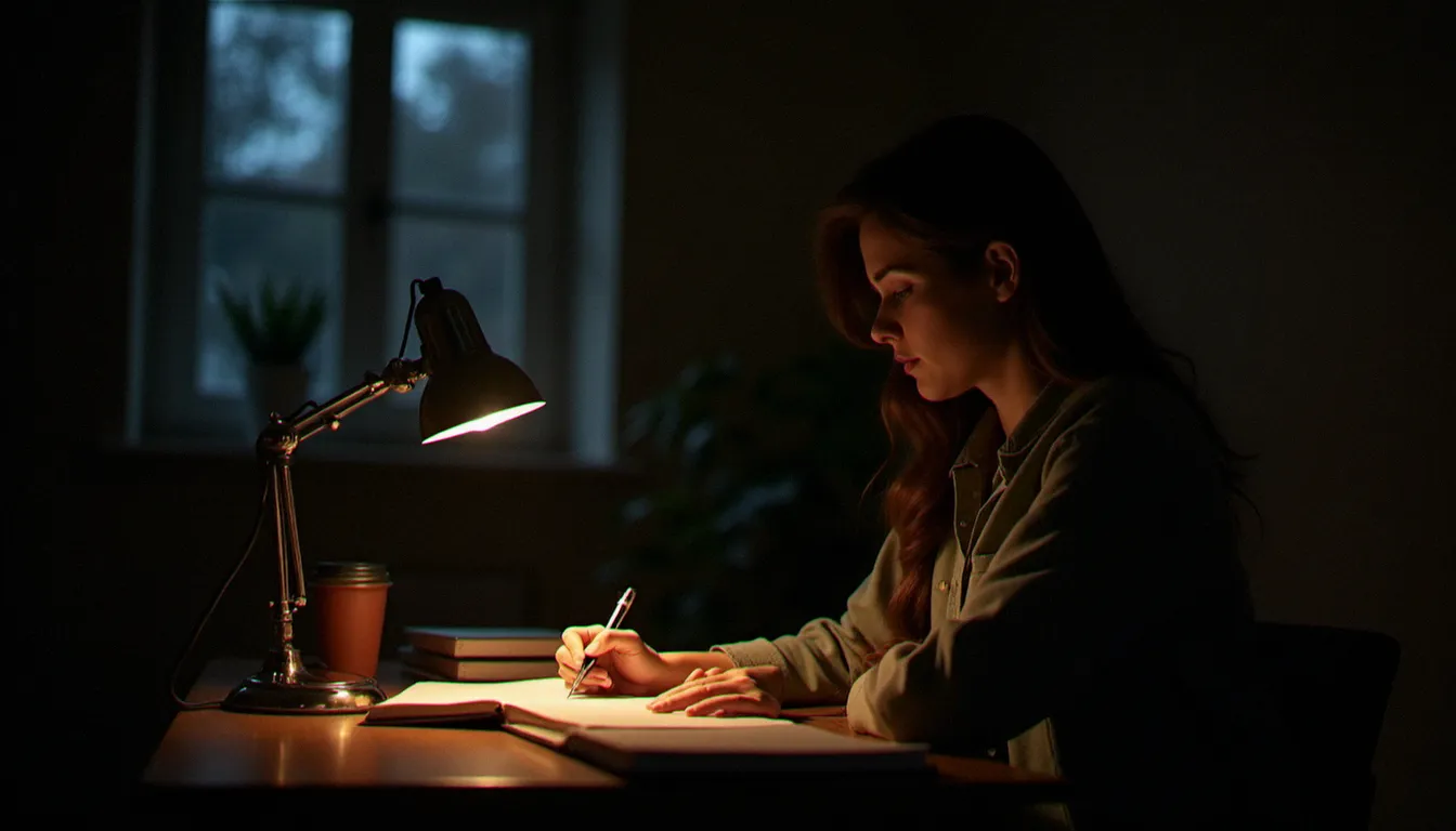 Femme seule à son bureau en train d'écrire dans un journal intime, lumière de lampe chaude, atmosphère de recueillement après un avortement