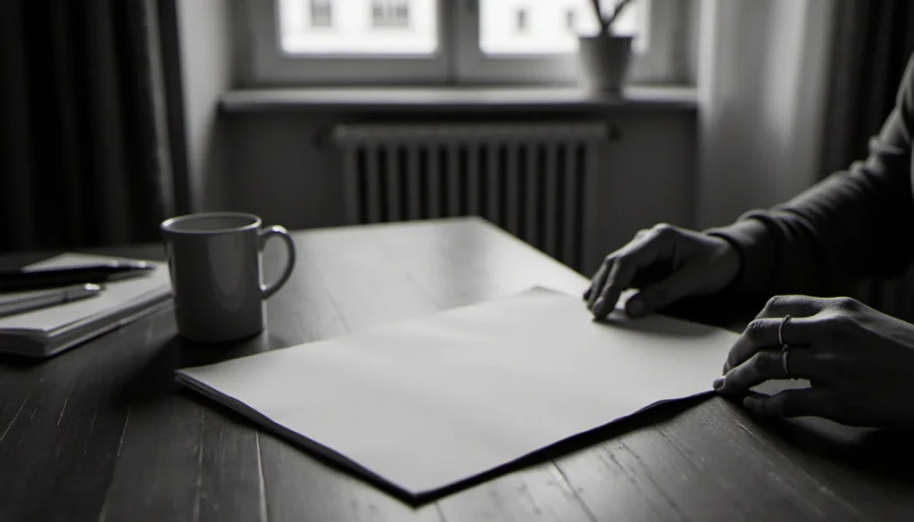 Mains de femme tenant un document plié évoquant le manifeste des 343, lumière naturelle douce sur une table en bois