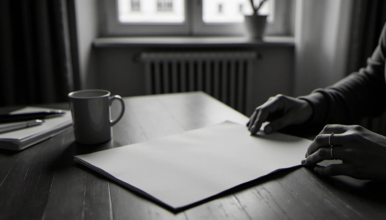 Mains de femme tenant un document plié évoquant le manifeste des 343, lumière naturelle douce sur une table en bois