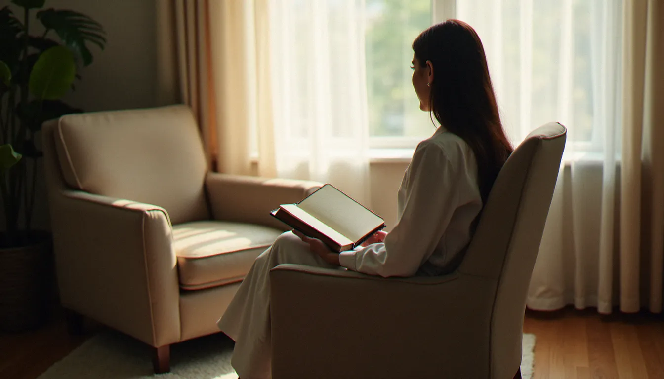 Femme en séance de soutien psychologique tenant un journal, représentant l'accompagnement émotionnel après un avortement