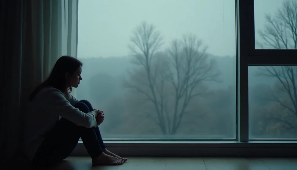 Femme seule assise près d'une fenêtre en contemplation, illustrant le vécu émotionnel après un avortement