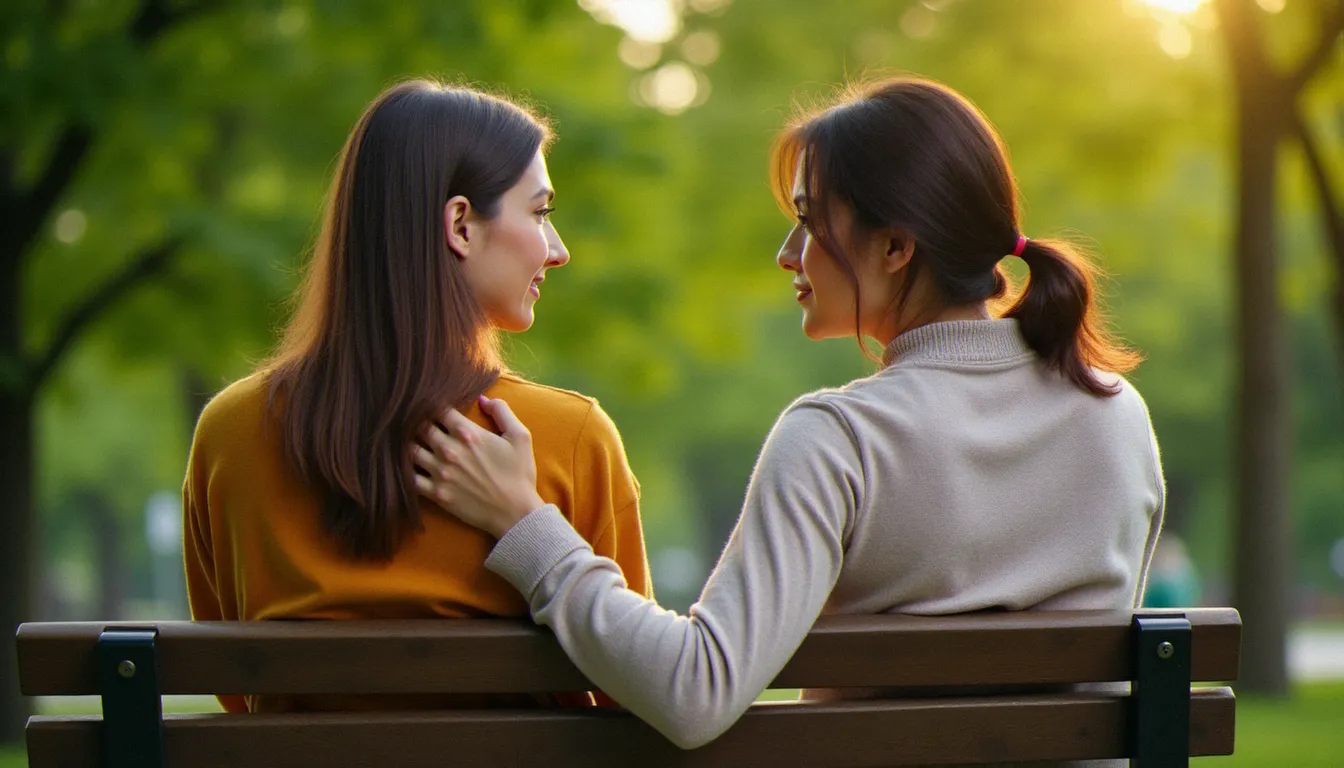Deux femmes assises côte à côte sur un banc, l'une soutenant l'autre dans un geste silencieux, illustrant l'importance de la parole et du soutien après un avortement