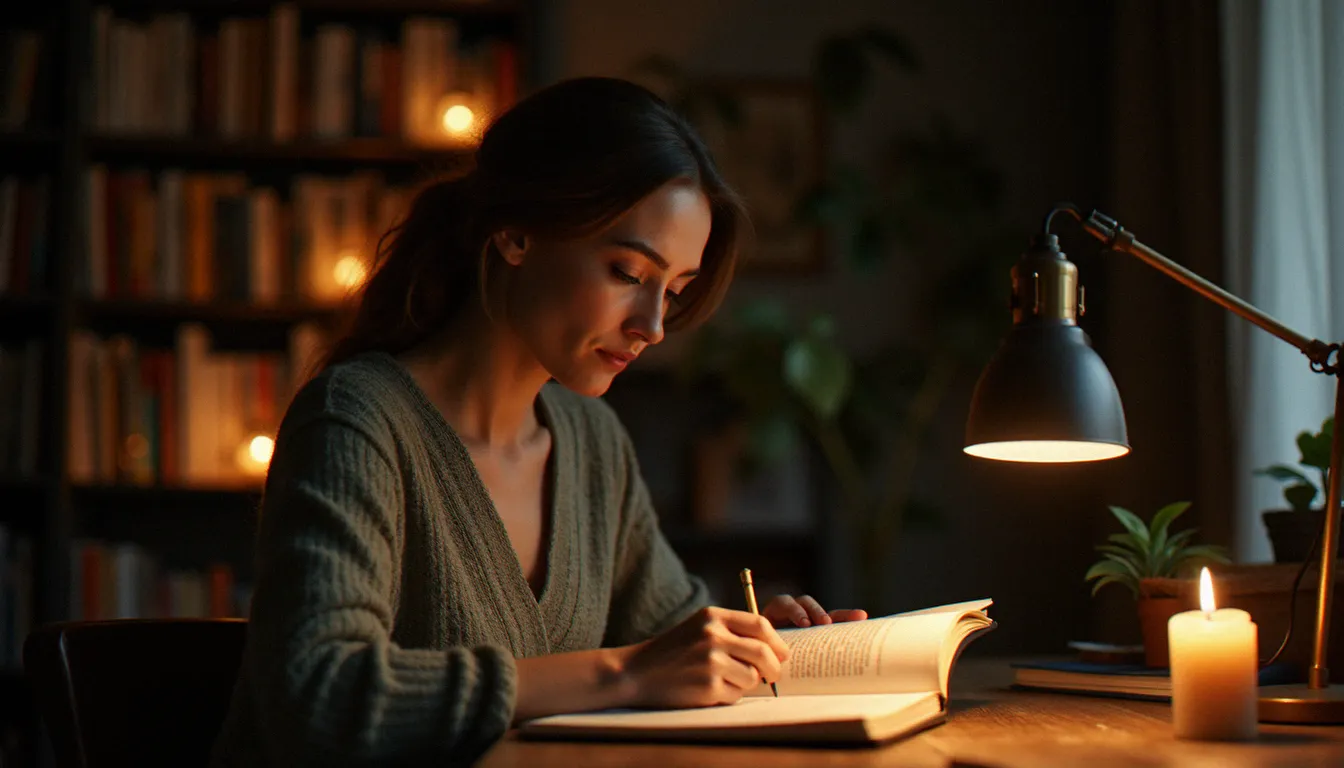 Femme écrivant dans un journal intime à la lueur d'une bougie, dans un bureau chaleureux, symbole du travail d'intégration et de reconstruction après un avortement