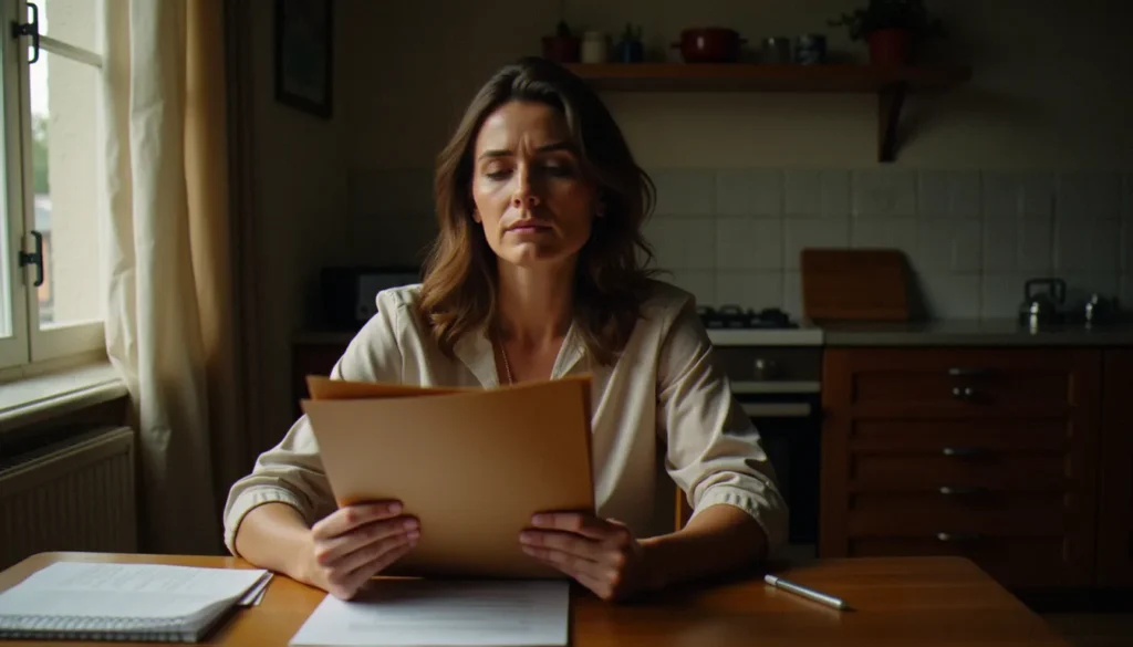 Annie Fargue, mère française ayant engagé un combat juridique pour ses droits reproductifs, assise à sa table avec ses documents