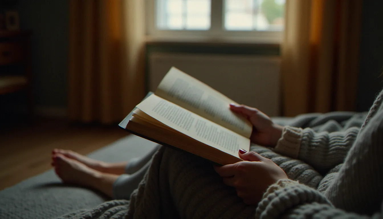 Des mains tenant un livre ouvert sur un lit, évoquant la lecture intime du récit d'Anne Wiazemsky sur l'expérience de l'avortement et le regard de l'autre