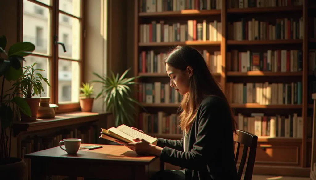 Une femme assise dans une librairie parisienne, plongeant dans la lecture d'un roman d'Anne Wiazemsky, éclairée par la lumière dorée de la fin d'après-midi