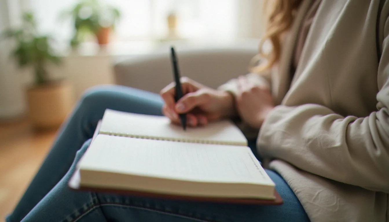 Carnet ouvert et stylo sur les genoux d'une femme en séance de thérapie, illustrant l'identification des symptômes du syndrome post-avortement