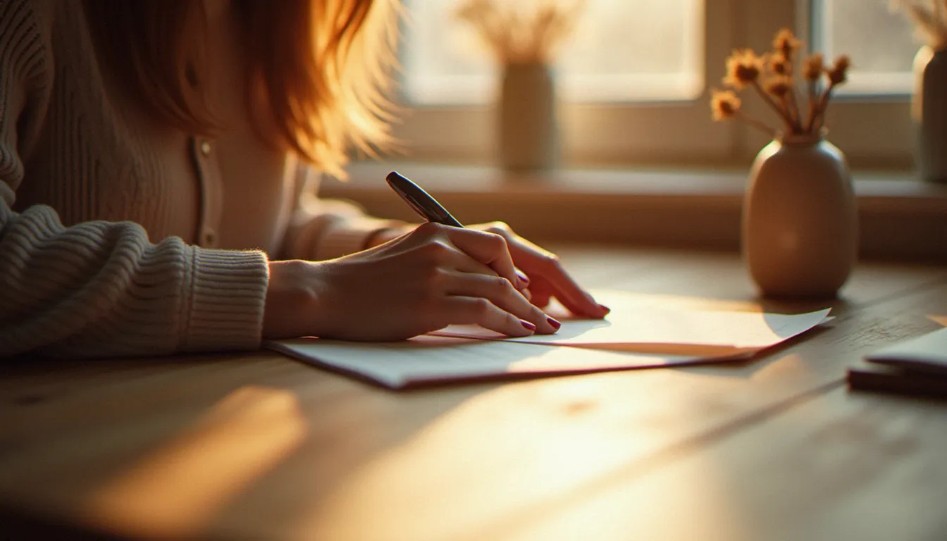 Mains de femme tenant une lettre manuscrite sur un bureau en bois, lumière chaude de fin de journée, évoquant le témoignage d'Annie Cohen sur son avortement