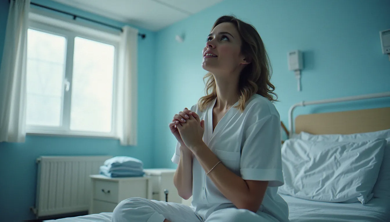 Une jeune femme assise sur un lit d'hôpital, regardant le plafond, mains jointes, évoquant le détail des carreaux décrit par Annie Ernaux dans La Chance