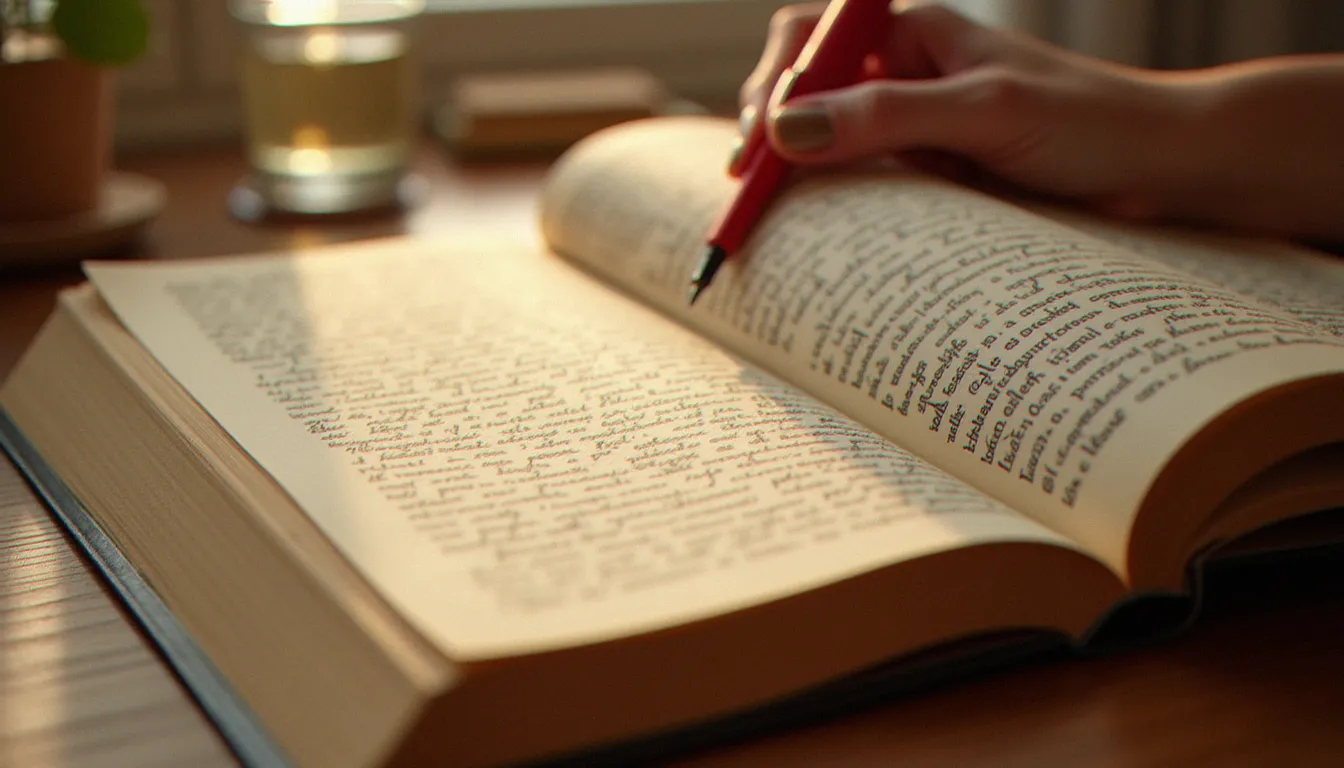 Un ouvrage d'Annie Ernaux ouvert sur un bureau, une main posée sur la page, éclairage doux du matin illustrant la lecture intime du témoignage sur l'avortement